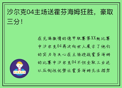 沙尔克04主场送霍芬海姆狂胜，豪取三分！