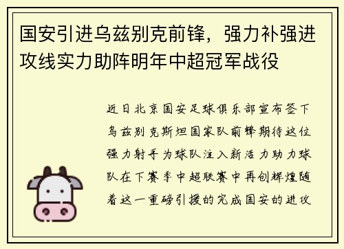 国安引进乌兹别克前锋，强力补强进攻线实力助阵明年中超冠军战役